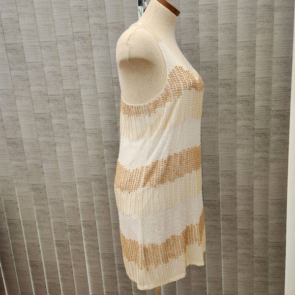 Parker Women’s Tan Cream Beaded Sleeveless Mini Dress Size M - Picture 10 of 17
